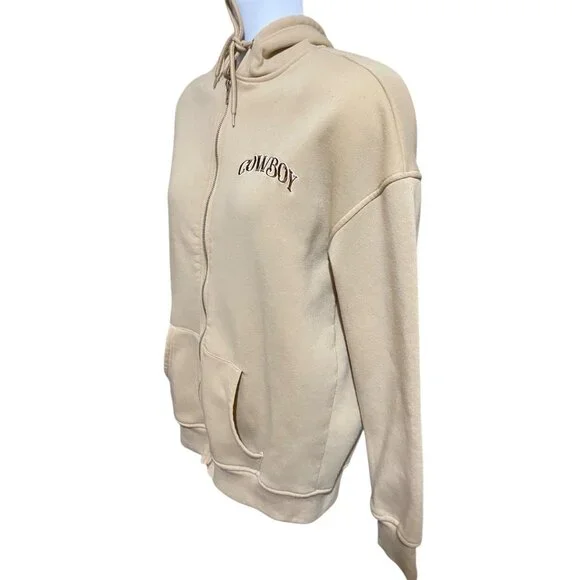 Cowboy Hoodie Full Zip Unisex Western Living The Rodeo Life Beige M/L - Picture 5 of 10